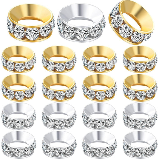 40pcs Crystal Rhinestone Spacer Beads Rondelle Loose Bead Brass European Large Hole Charm Beads for Necklaces Bracelets Crafts Jewelry Making Accessories, Golden and Silver