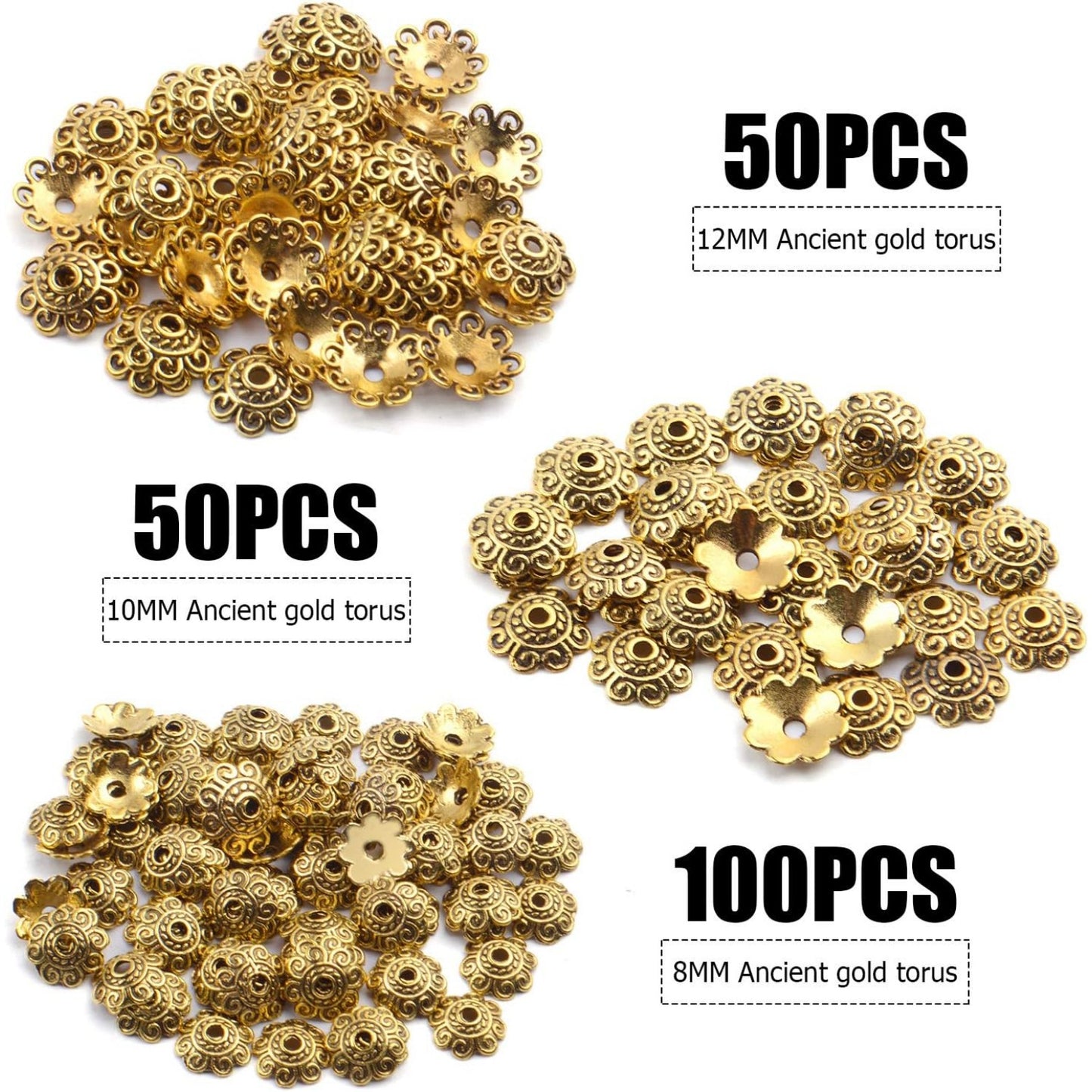 200pcs 8mm/10mm/12mm Bead Caps Spacer Beads Flower Bead Caps Jewelry DIY Findings for Necklace Bracelet Making,Antique Gold