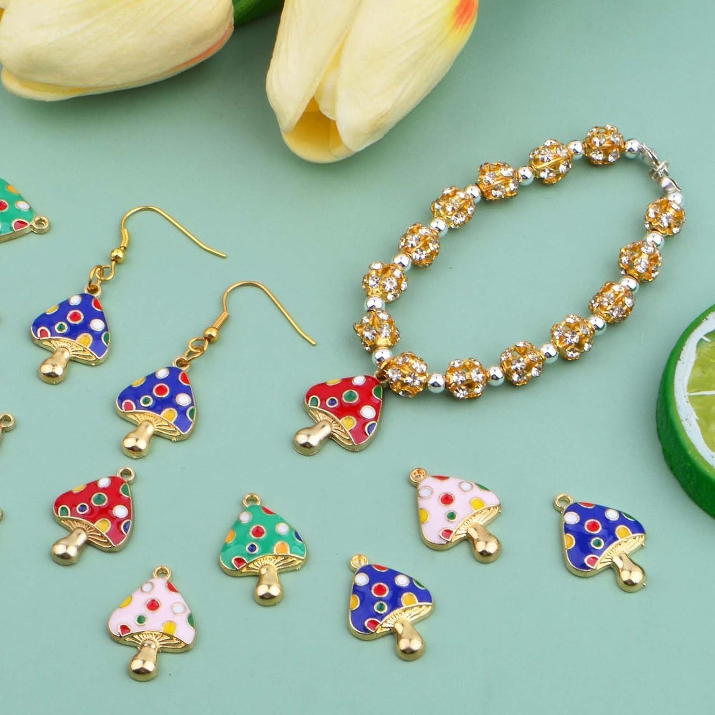 16 Pieces Colorful Enamel 3D Mushroom Dangle Charms Cute Stereoscopic Mushroom Shape Pendant Hanging Ornaments for DIY Bracelet Necklace Keychains Jewelry Making