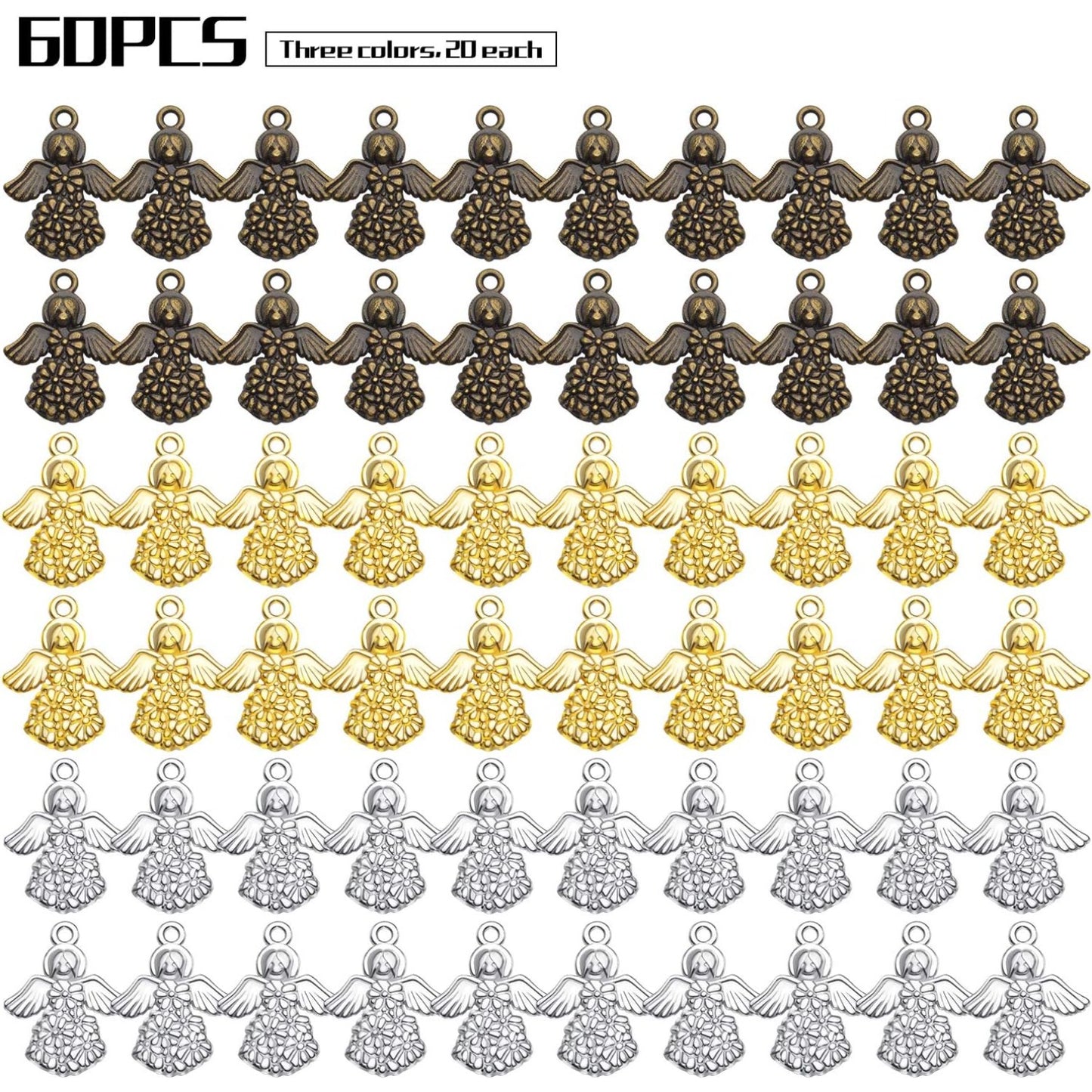Angel Charms Pendant, 60pcs Tibetan Guardian Angel Charms Antique Alloy Angel Fairy Pendant Crafts Supplies for Necklace Bracelet Jewellery Making, Antique Bronze, Antique Silver, Golden