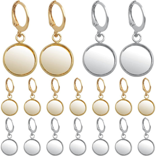 20pcs Leverback French Ear Wires Hooks Stainless Steel Blank Flat Round Bezel Trays Base Earring Cabochon Settings for DIY Earrings Jewelry Making Supplies, 2 Colors