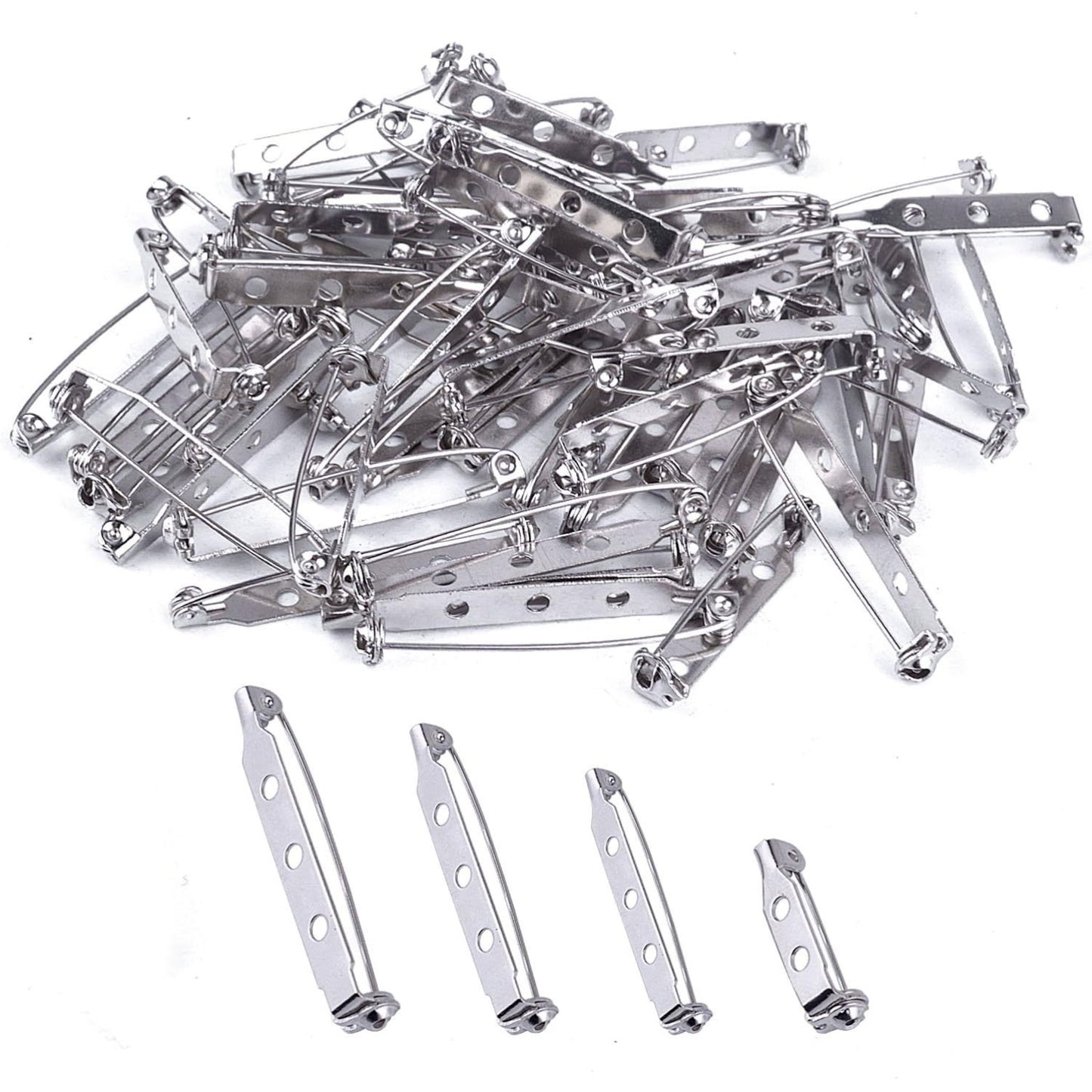 BronaGrand 120pcs Bar Pins Brooch Pin Backs Safety Clasp, 4 Sizes 20 mm, 25 mm, 32 mm and 38 mm (Silver)