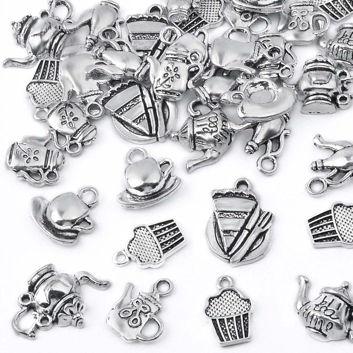40pcs Antique Silver Tea Cup Charms Tibetan Vintage Mixed Teapot Coffee Cup Mug Pendant Charms Craft Supplies for DIY Necklace Bracelet Earring Jewelry Making, 8 Styles
