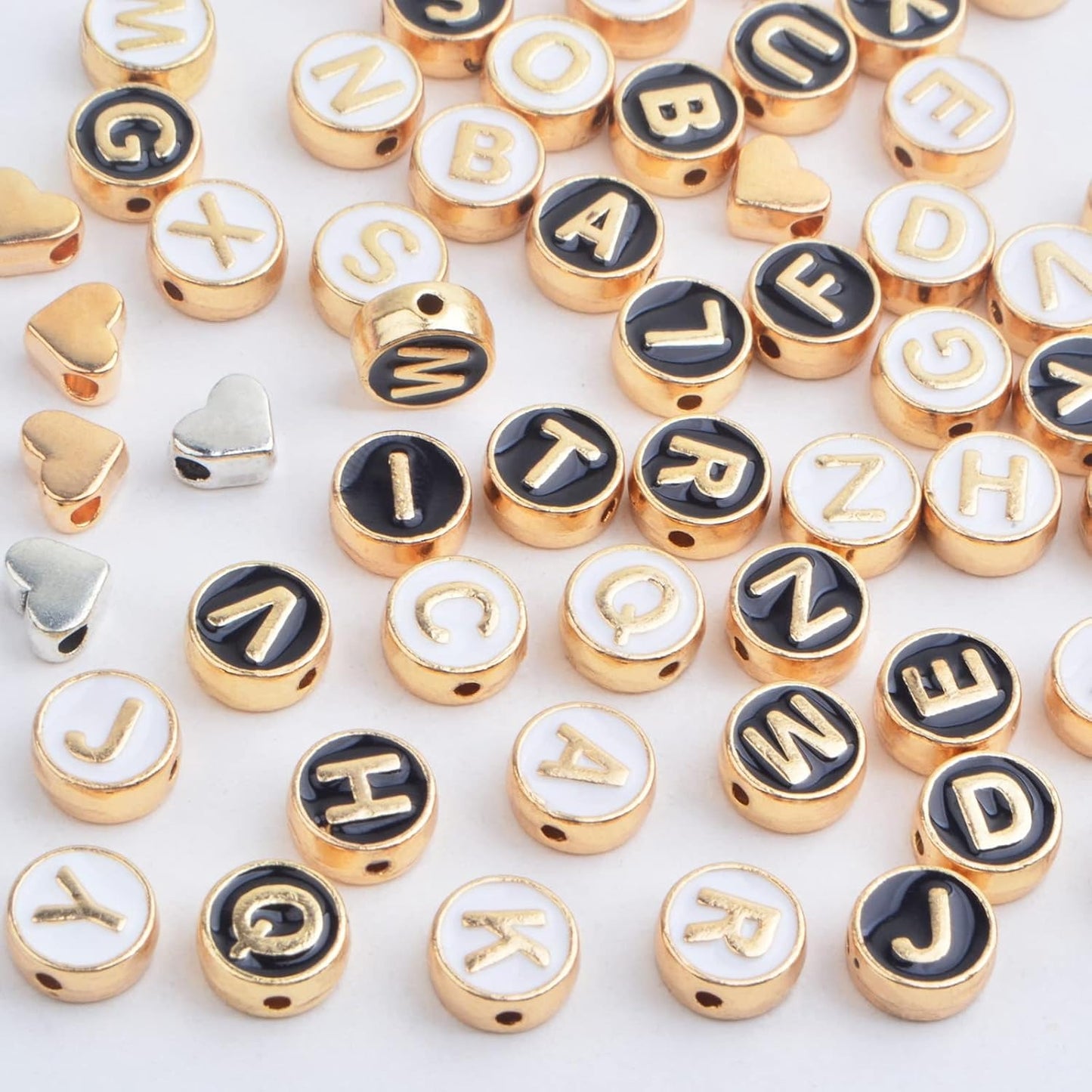 52pcs 2 Colors Enamel Alphabet Beads 8 mm Flat Round Initial Letter A-Z and 20pcs 2 Colors Alloy Heart Spacer Beads for DIY Bracelet, Necklace, Earrings Jewelry Making