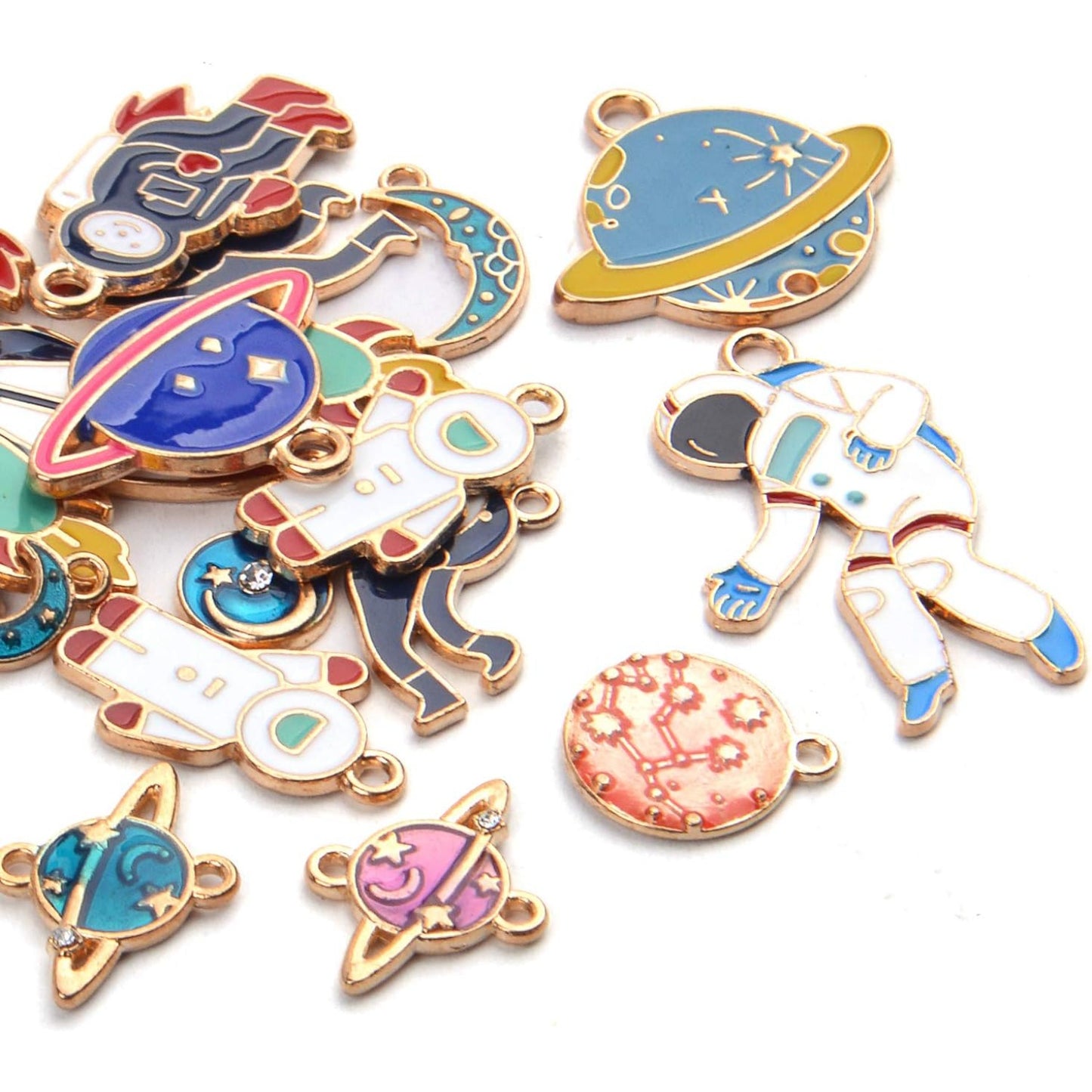 Space Themed Charms,20pcs Assorted Gold Plated Enamel Planet Astronaut Charm Pendant for Jewelry DIY Craft