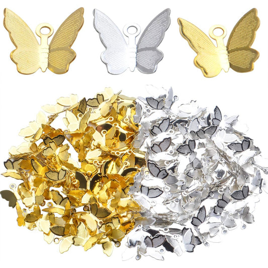 Butterfly Pendant Charms, 200 Pcs Mini Butterfly Charms Brass Butterfly Insect Pendant Craft Supplies Jewelry Findings Accessory for DIY Necklace Bracelet, Golden and Silver, 12.7x11mm