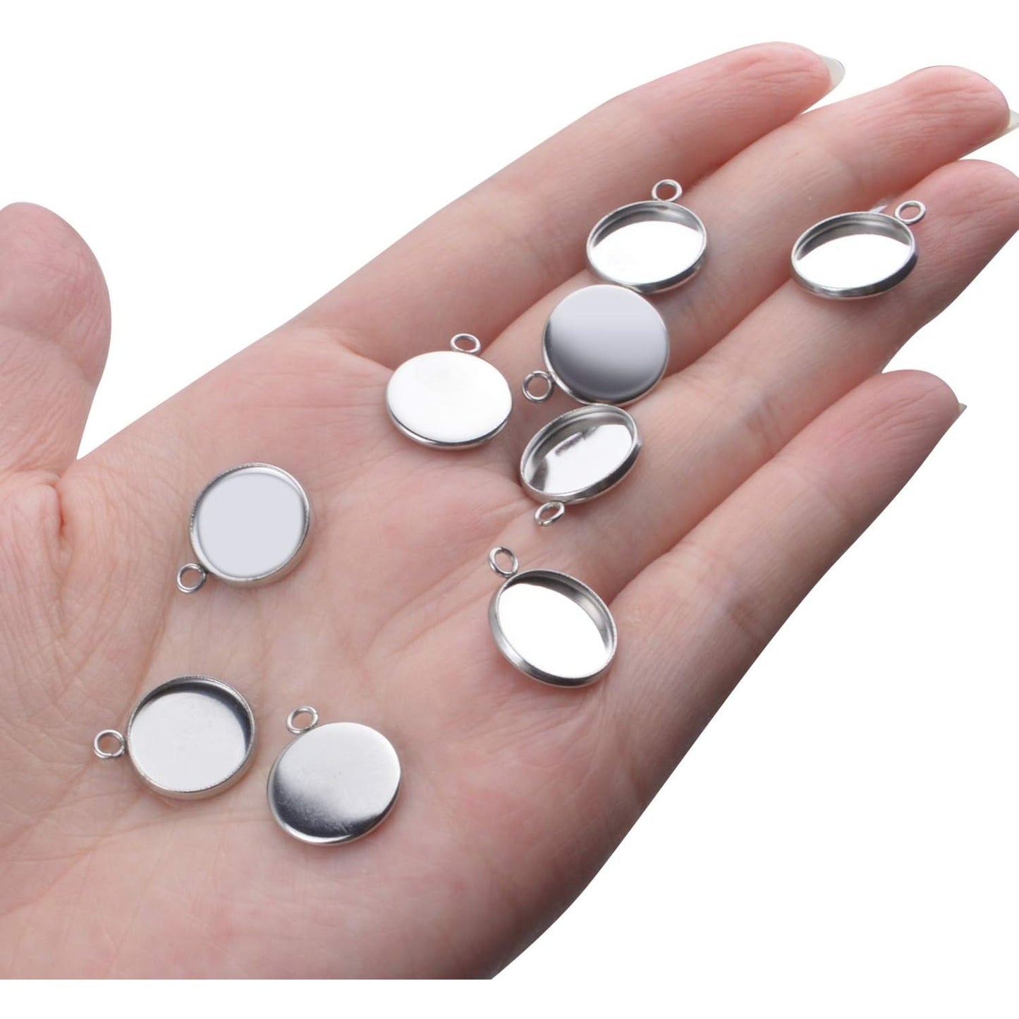 Bezel Pendant Trays, 50 Pieces Stainless Steel 12mm Round Cabochon Settings Trays Pendant Blanks for Jewelry Making DIY Necklace Bracelet Earring