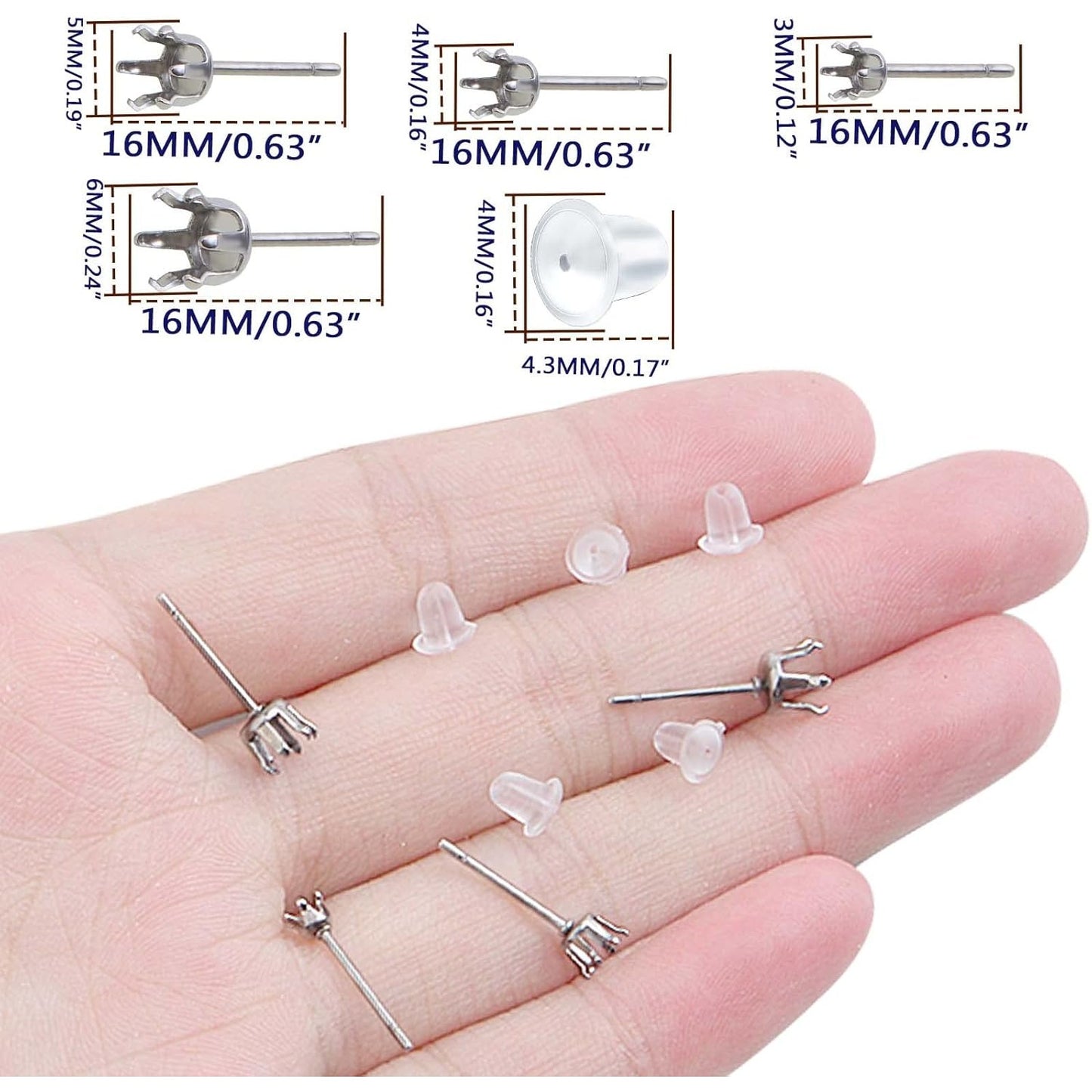 40pcs Stainless Steel Earring Posts Hypoallergenic Crown Piercing Earring Studs and 40pcs Clear Bullet Earring Backs for Women Girls DIY Dangle Jewelry Making, 4 Sizes