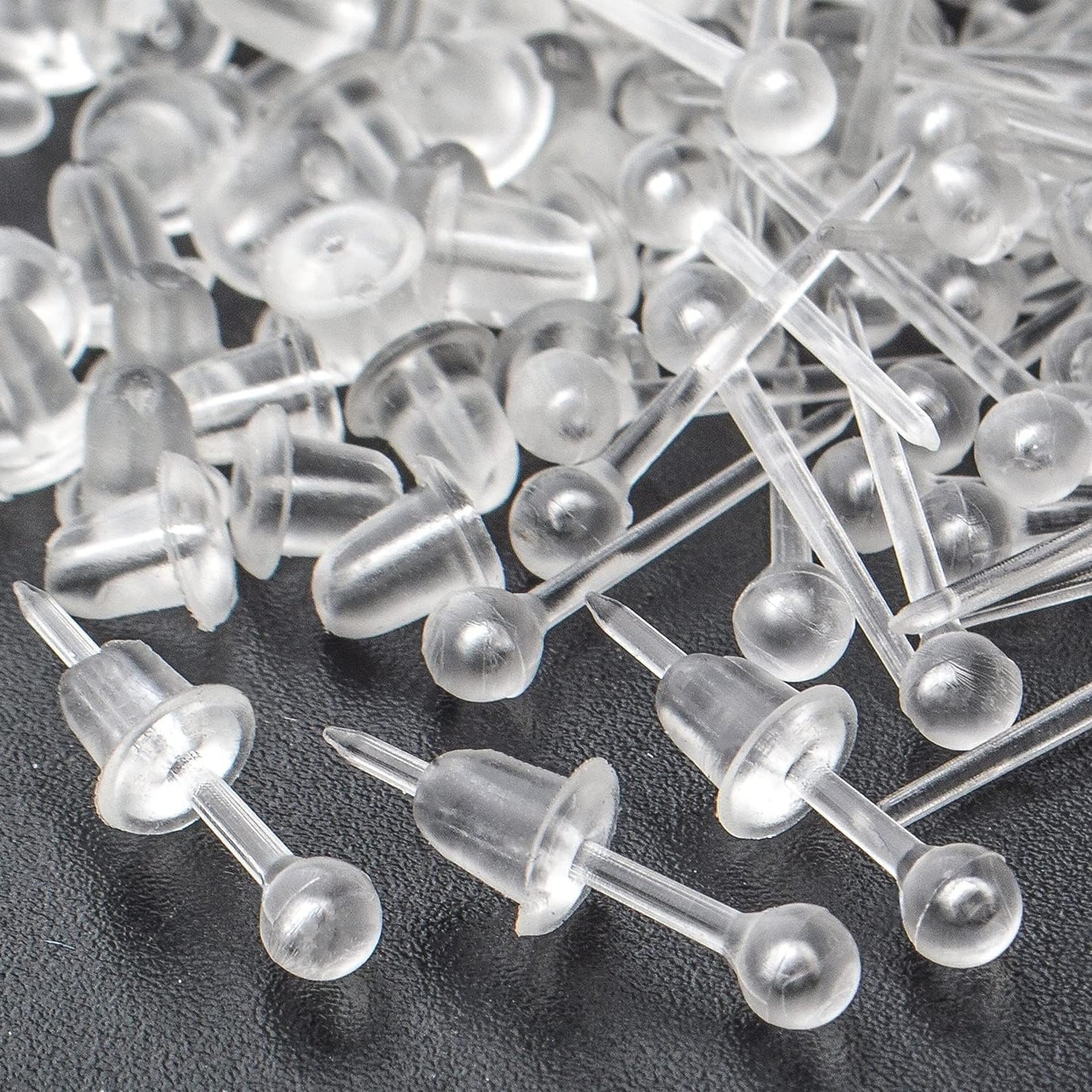 100pcs Clear Earring Posts Studs Plastic Earring Pin Studs Ball Stud Earrings and 100pcs Silicone Bullet Earring Backs for Men Women
