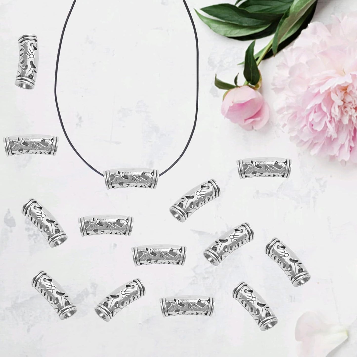 50pcs Antique Silver Hollow Curved Tube Spacer Beads Tibetan Alloy Large Hole Long Tube Loose Beads Slide for European Charms Leather Cord Jewelry Making, Hole: 5 mm