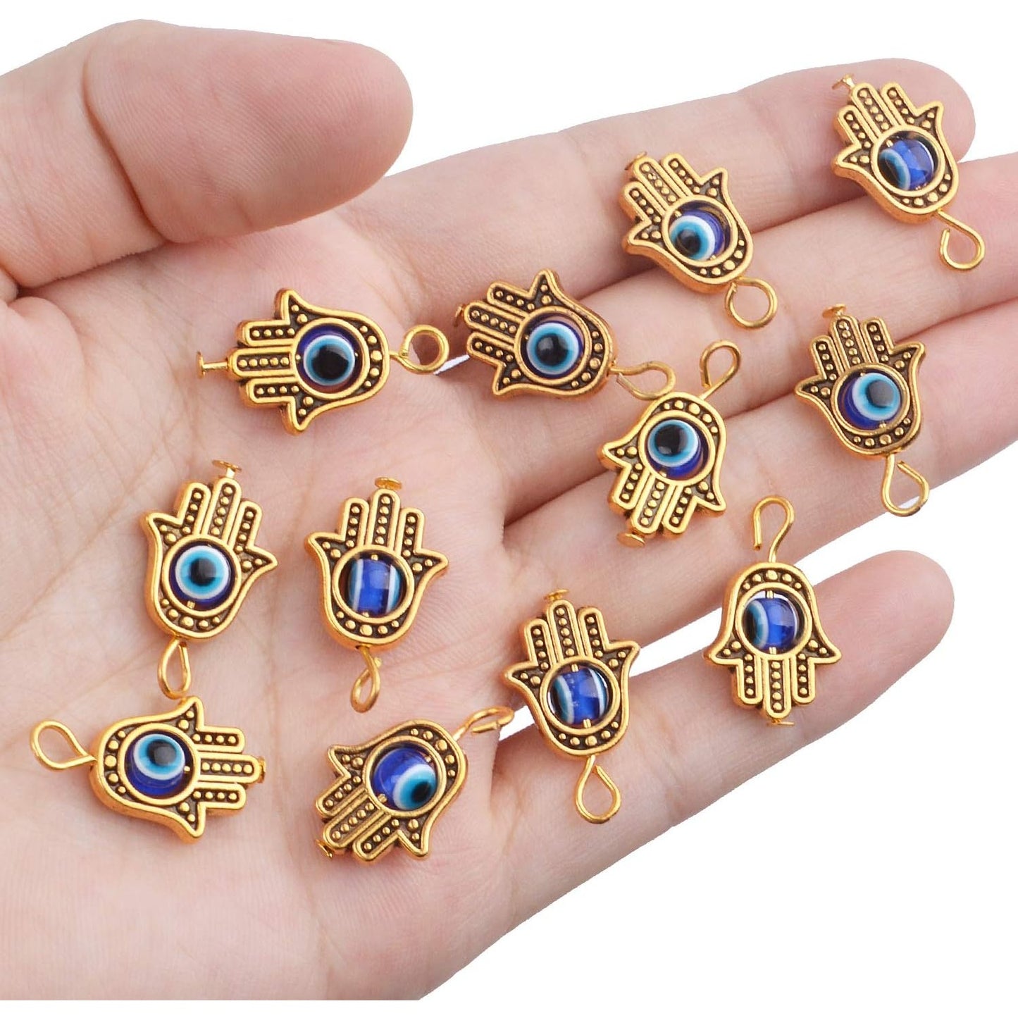 Hamsa Hand Beads Frame Charms,30 Pieces of Hamsa Evil Eye Pendant Hand of Fatima Symbol Charms Jewelry Making Findings for DIY Necklace Bracelet(Gold & Silver & Bronze)