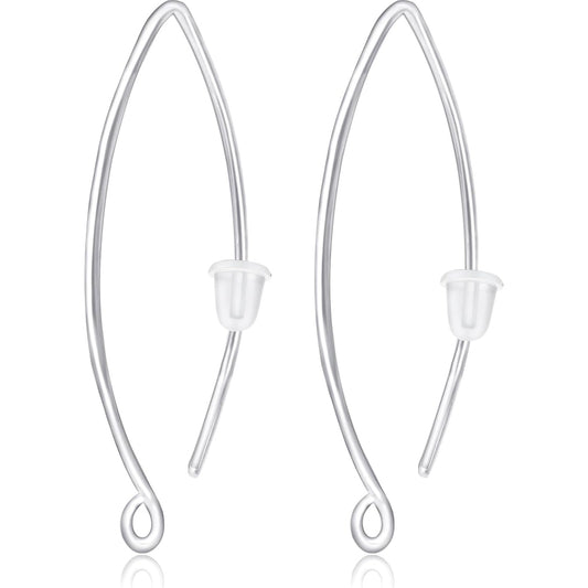 1 Pair of V-Shaped Earring Hooks S925 Sterling Silver Long Ear Wire Hook Dangle Connectors Replacements with Clear Ear Backs for DIY Earrings Crafts Jewelry Making Accessories