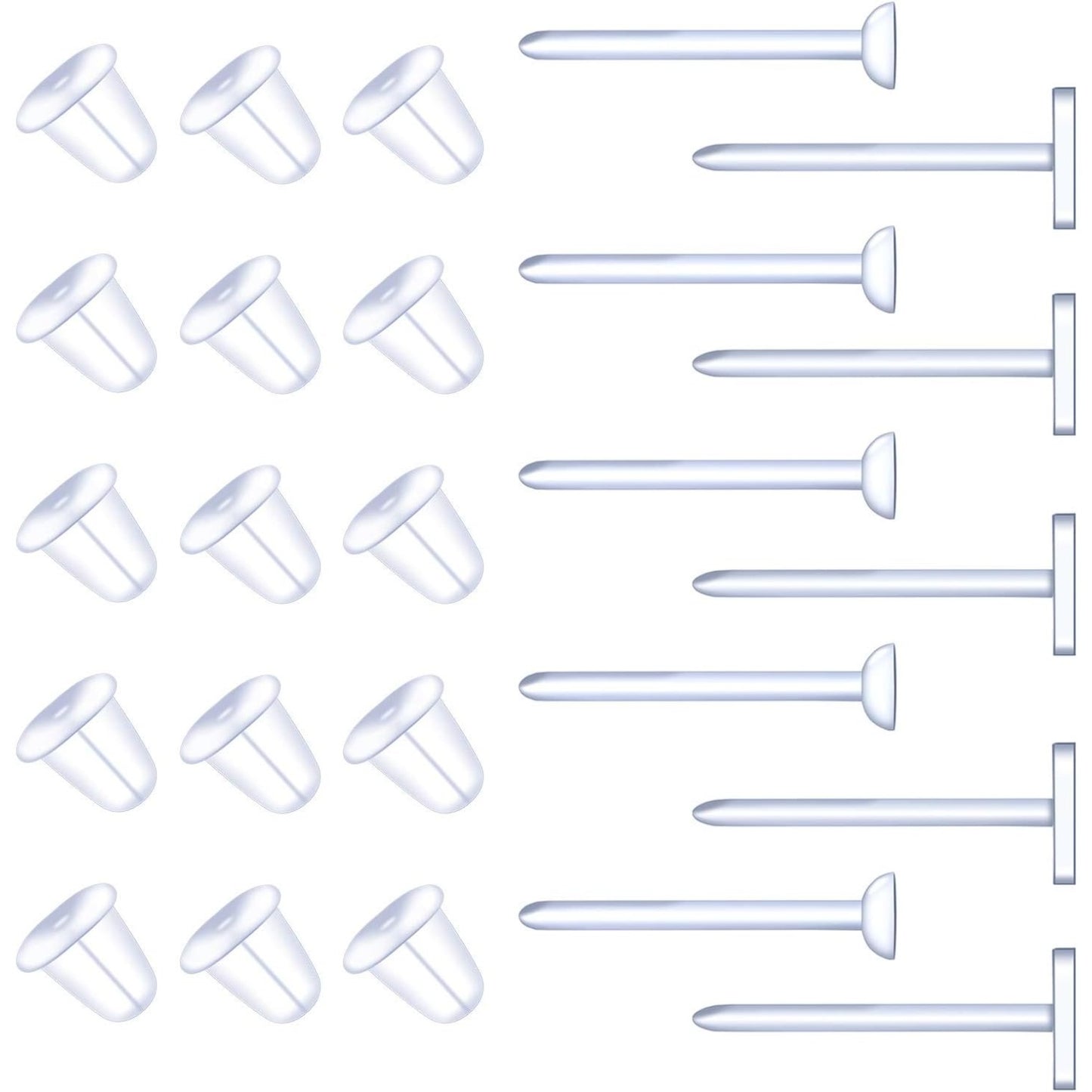 500 Pieces Plastic Earring Posts Clear Flat Ear Pins and 500 Pieces Silicone Backs Earnuts Earring Backs,2 Sizes