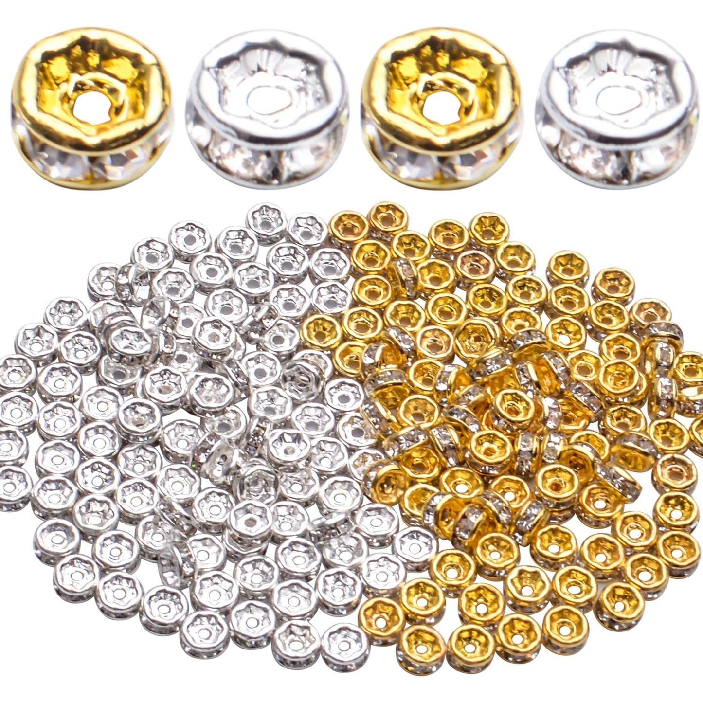 Rhinestone Spacer Beads,200Pcs Rondelle Loose Beads Crystal Charm Beads Clear Supplies for DIY Bracelet Necklace Jewelry Making