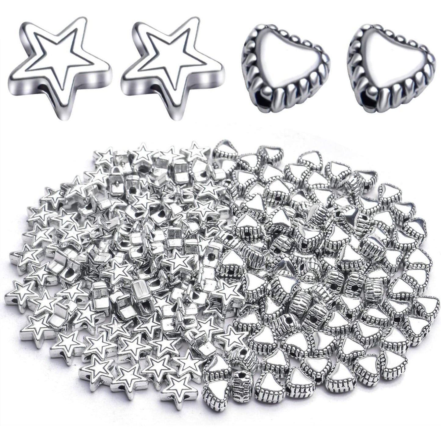 200pcs Alloy Antique Silver Star Heart Spacer Beads for DIY Handmade Charms Bracelets Necklace Accessories Jewelry Crafts Making