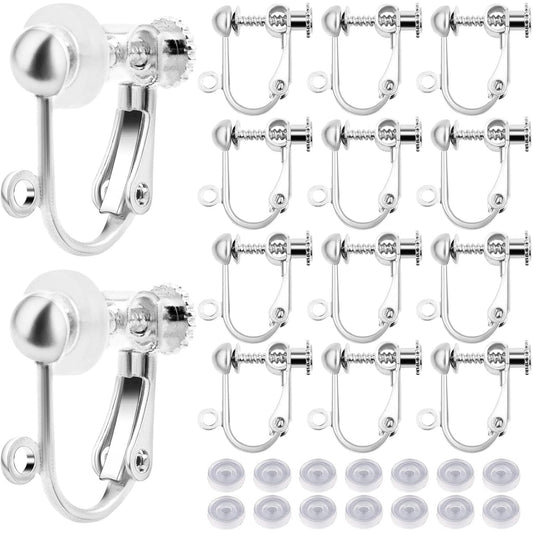 24pcs Clip-on Earring Converters Brass Screw Back Earwire Non Pierced Earring Components with Loop and 24pcs Anti-Pain Ear Pads for DIY Jewelry Making, Bright Silver