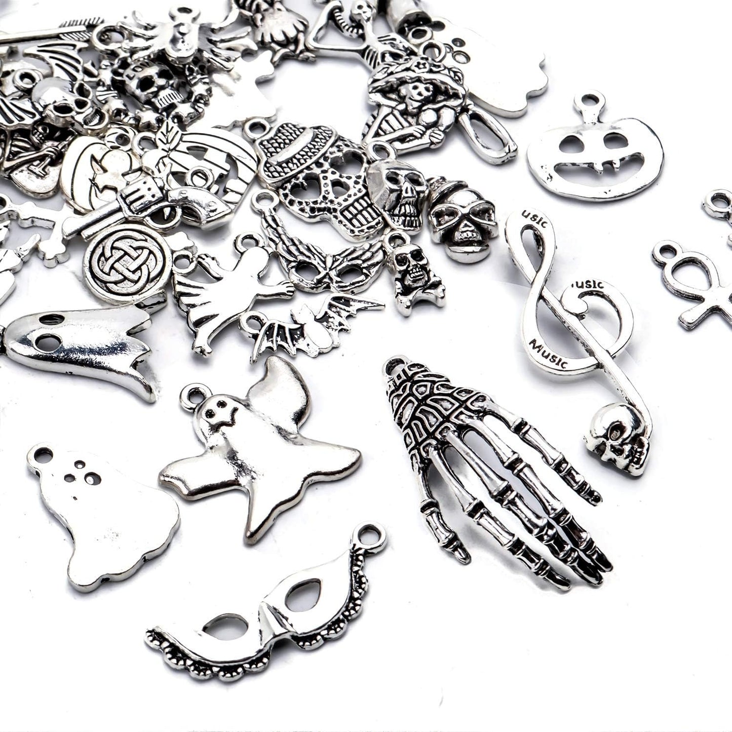 50 Pieces Halloween Theme Charms Assorted Tibetan Silver Pendants Skull Skeleton Pumpkin Bat Witch Charms for Jewelry Making Key Rings Crafts