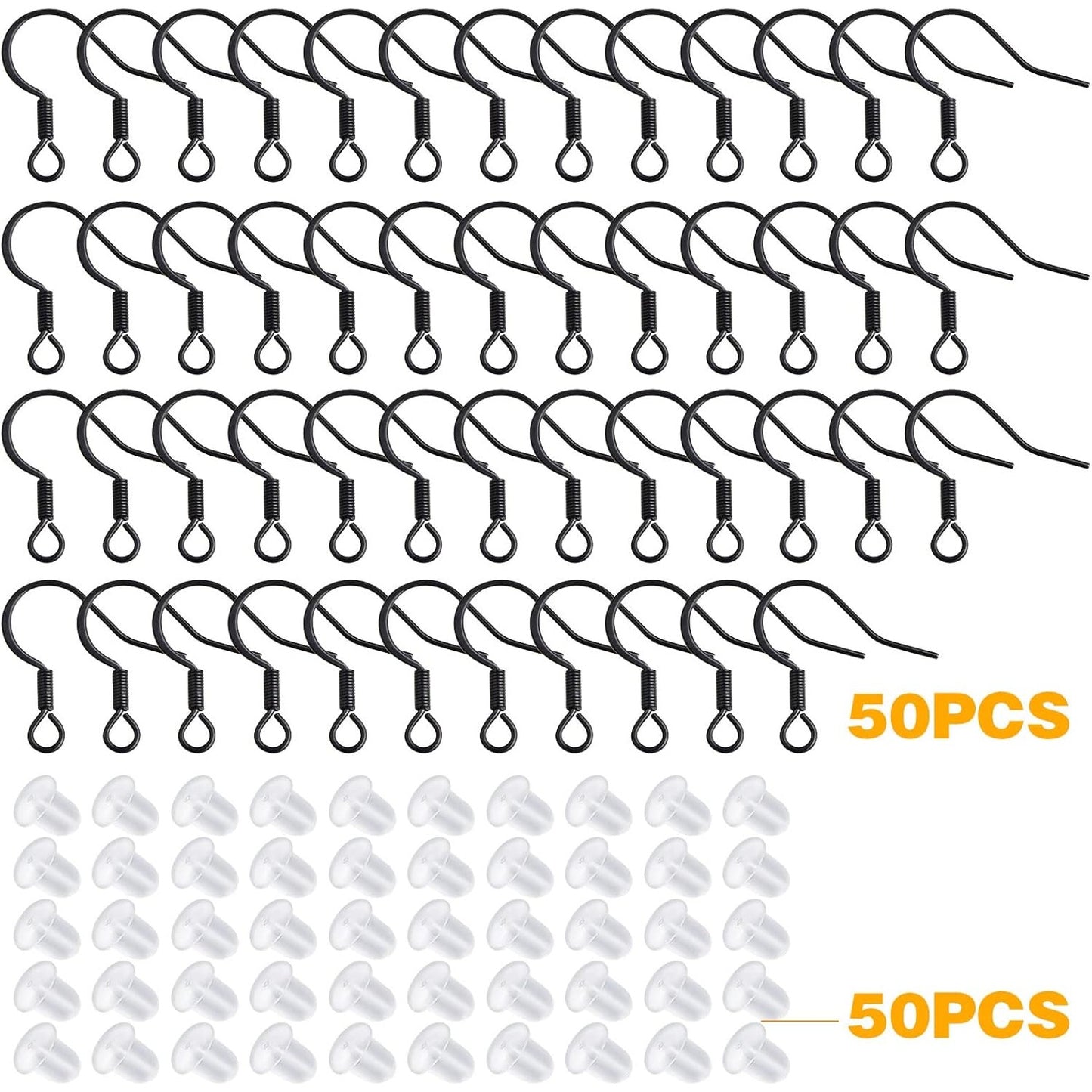 50pcs Black Hypoallergenic Earring Hooks Stainless Steel French Earwire Fish Hooks and 50pcs Clear Silicone Earring Backs for DIY Earrings Jewelry Making Supplies