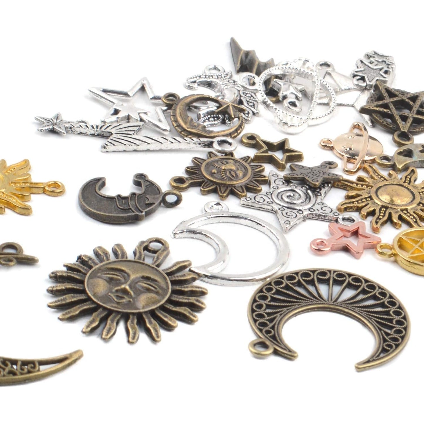 Celestial Charms,100 Gram(About 80-90 Pieces) Mixed Sun Moon Star Charms Antique Alloy Pendants for Jewelry Making and Crafting
