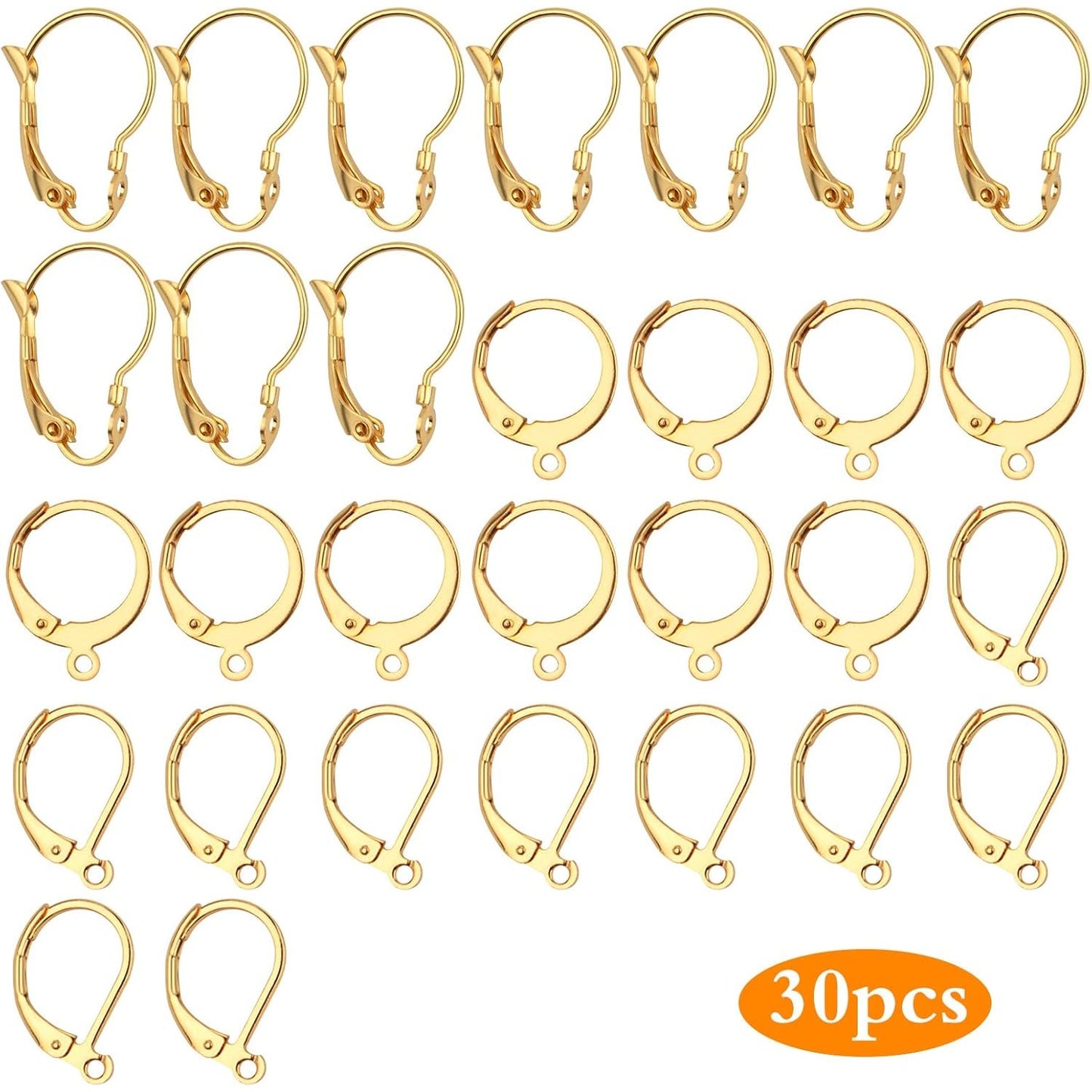30pcs Stainless Steel Leverback Earrings Hooks: Round, Oval, Gourd - Silver