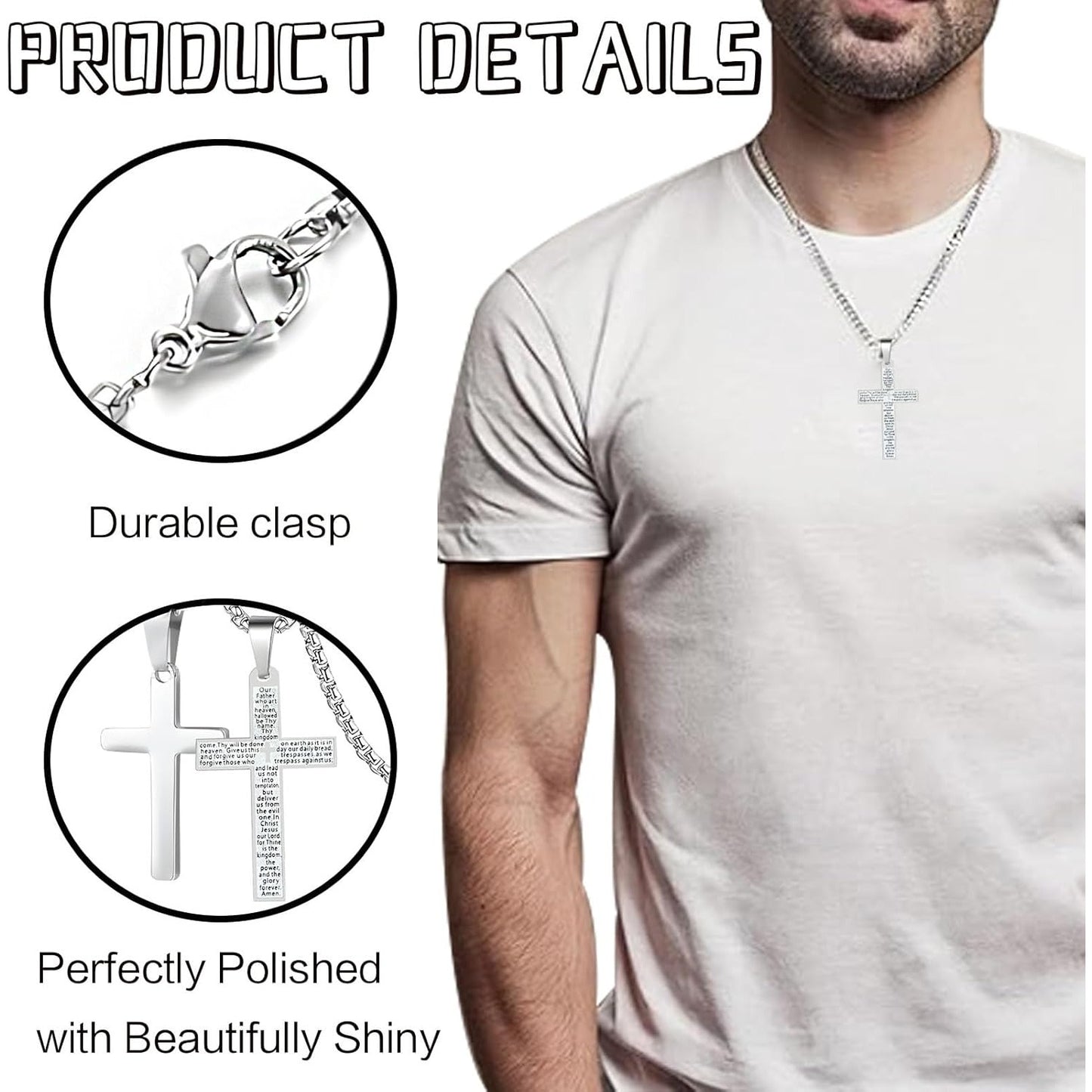 Stainless Steel Mens Womens Cross Necklace Lord's Prayer Pendant Jesus Christian Crucifix Bible Verse Charm Chain Choker Necklaces for Father Mother Easter Gifts