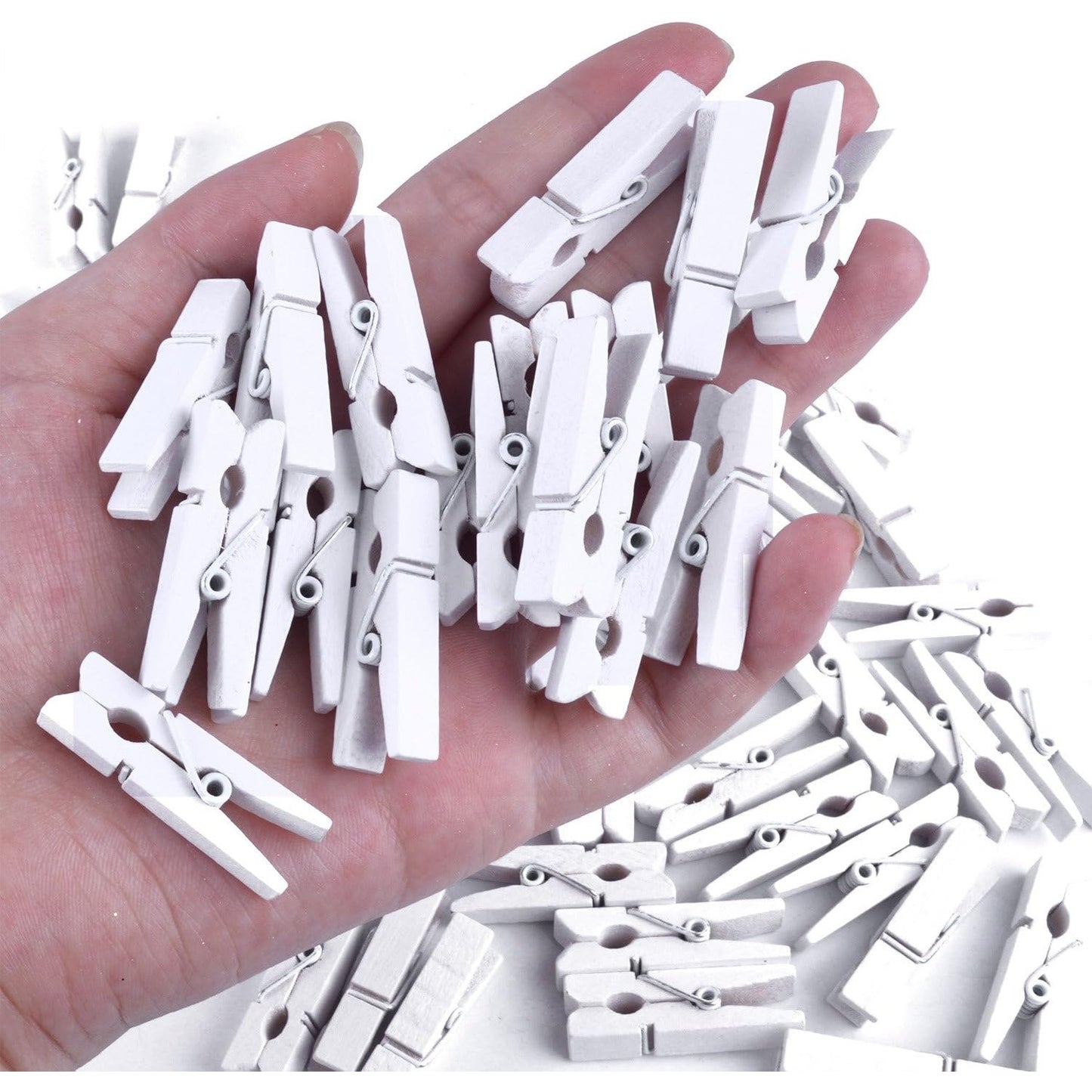 BronaGrand 100pcs Mini White Wooden Utility Paper Clips, Clothespins, Photo Clips