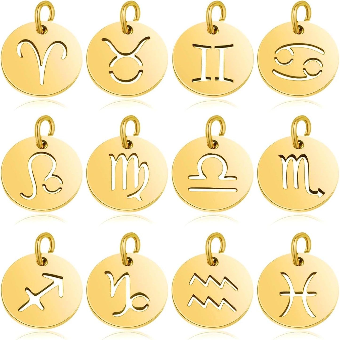 12pcs Golden Plated Flat Round Twelve Constellations Charms Stainless Steel Zodiac Sign Pendants with Jump Rings for DIY Necklace Bracelet Jewelry Making Supplies