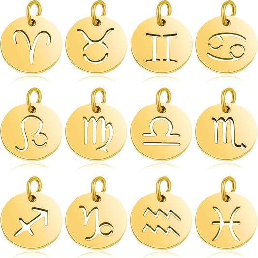 12pcs Golden Plated Flat Round Twelve Constellations Charms Stainless Steel Zodiac Sign Pendants with Jump Rings for DIY Necklace Bracelet Jewelry Making Supplies