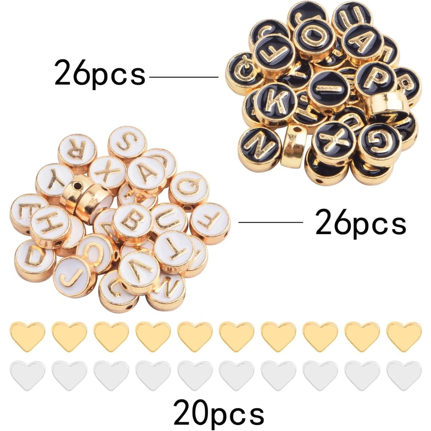 52pcs 2 Colors Enamel Alphabet Beads 8 mm Flat Round Initial Letter A-Z and 20pcs 2 Colors Alloy Heart Spacer Beads for DIY Bracelet, Necklace, Earrings Jewelry Making