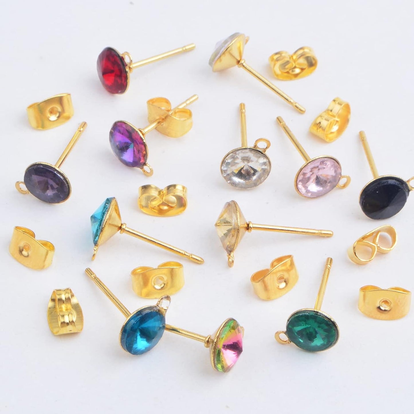 24pcs Stainless Steel Colorful Rhinestone Earring Posts with Loop Hypoallergenic Stud Earrings Findings and 24pcs Golden Butterfly Earring Backs for DIY Crafts Jewelry Making