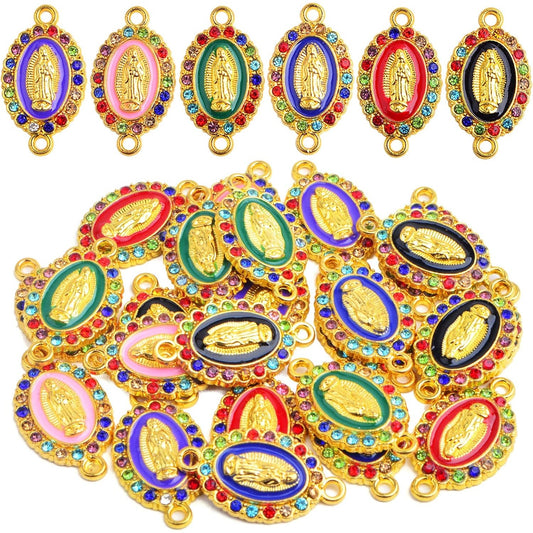 24pcs 6 Colors Enamel Virgin Mary Charms Links Alloy Inlay Rhinestones Our Lady Miraculous Medal Connector Pendants for DIY Necklace Bracelet Earrings Jewelry Making