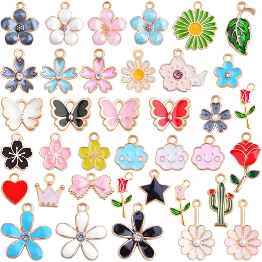 37pcs Golden Plated Colorful Enamel Spring Themed Charms Alloy Mixed Butterfly Rose Daisy Flower Charm Pendants for DIY Bracelet Necklace Jewelry Making Supplies, 37 Styles