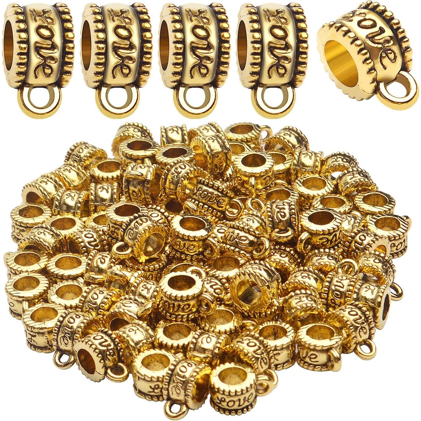100pcs Antique Gold Bail Beads Tibetan Alloy Bail Tube Spacer Bead Connector Hanger Beads for Bracelet Necklace Pendant Jewelry Making