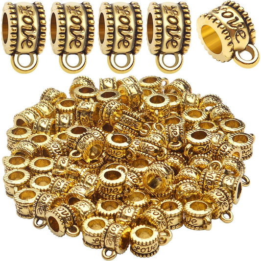 100pcs Antique Gold Bail Beads Tibetan Alloy Bail Tube Spacer Bead Connector Hanger Beads for Bracelet Necklace Pendant Jewelry Making