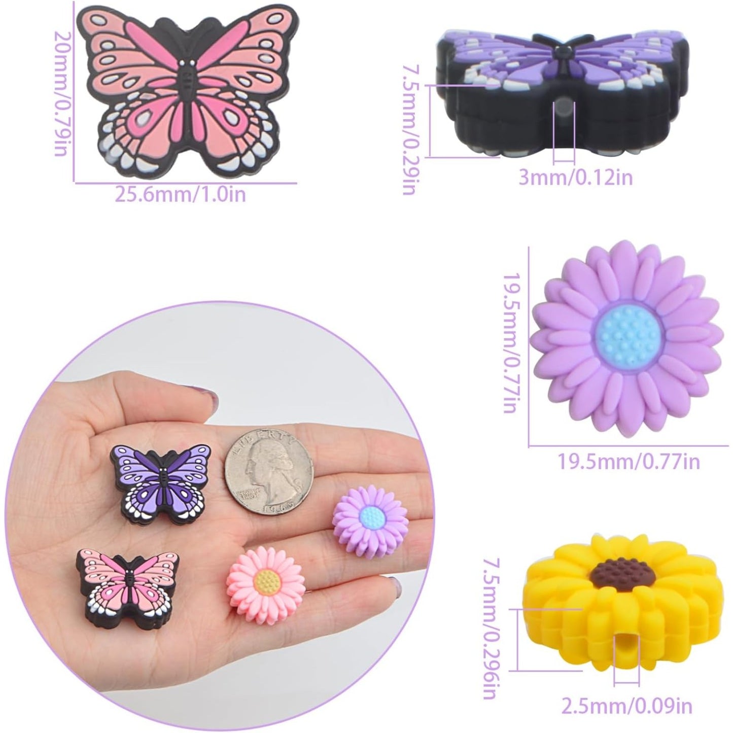12Pcs Colorful Silicone Focal Beads Daisy Flower Butterfly Beads Sunflower Soft Rubber Silicone Loose Spacer Beads Bulk for Adults DIY Bracelets Keychains Jewelry Making Craft Supplies