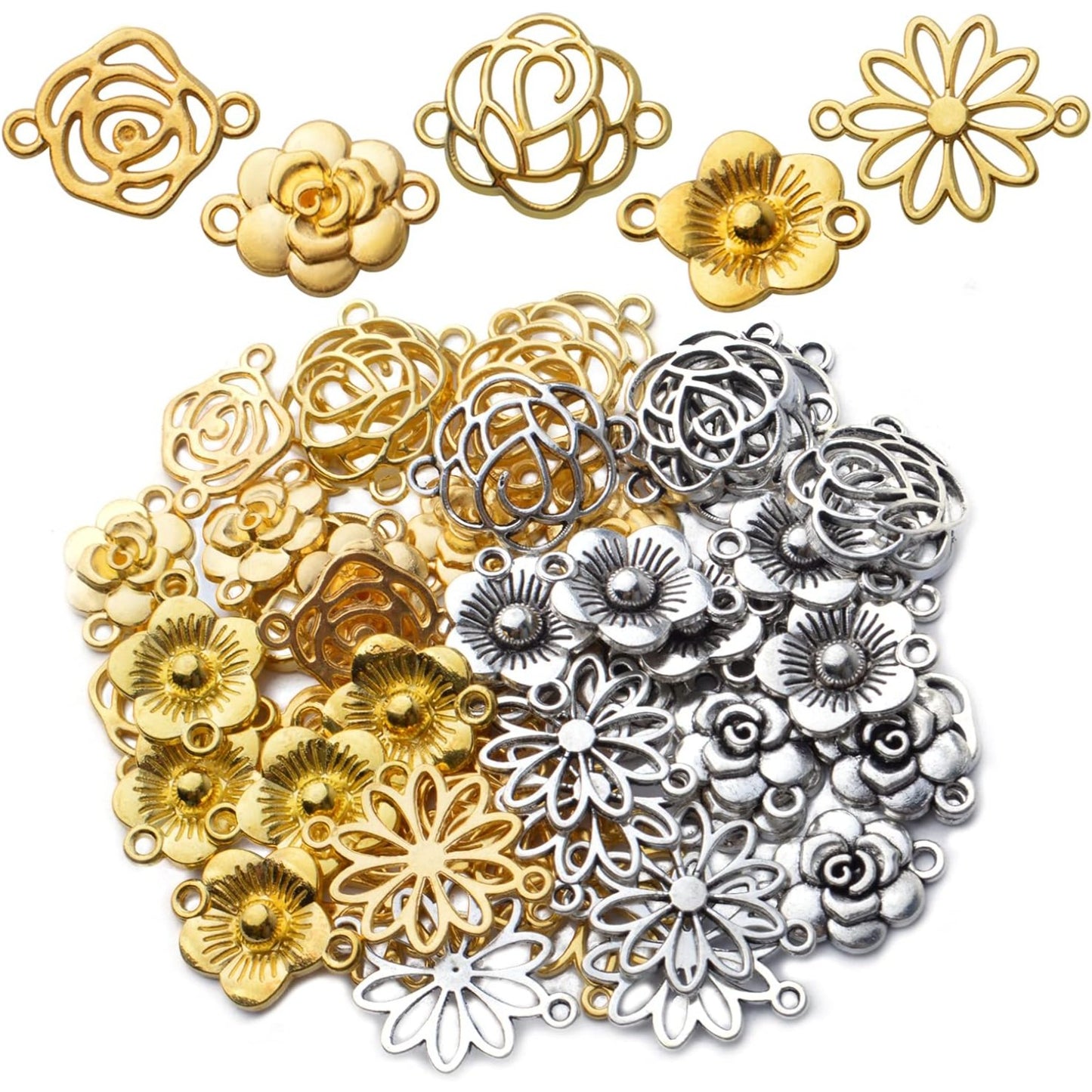 50pcs Flower Jewelry Connectors - Alloy Pendants, 5 Styles for DIY Necklace & Bracelet Making