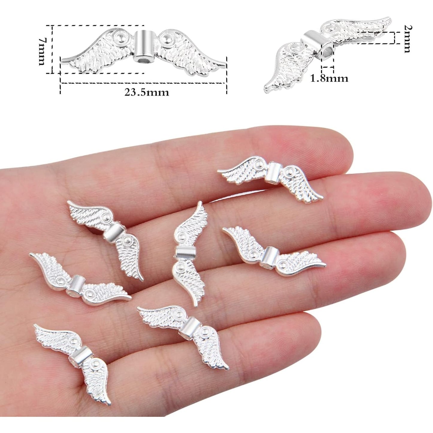 60pcs Tibetan Style Angel Wing Spacer Beads Alloy Small Hole Wing Loose Spacer Charm Beads Accessories for DIY Bracelet Necklace Earrings Jewelry Making, Bright Silver