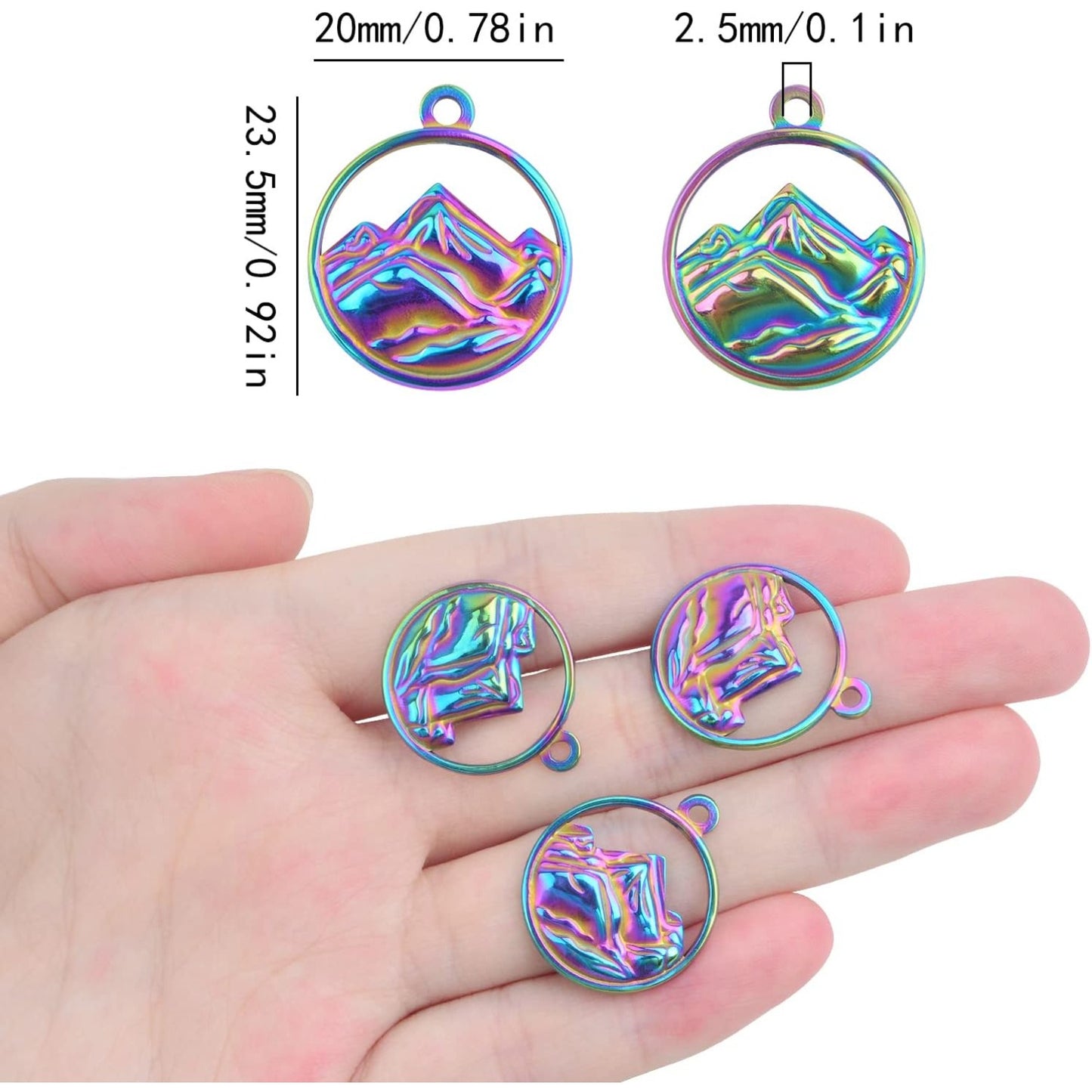 10pcs Stainless Steel Flat Round Mountain Range Charms Hypoallergenic Hollow Sea Mountain Dangle Pendants for DIY Necklace Bracelet Crafts Jewelry Making, Rainbow Color