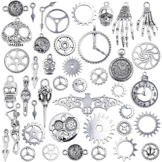 100 Gram Antique Silver Steampunk Gears Charms Vintage Alloy Mixed Watch Wheel Cog Skull Hands Skeleton Keys Pendant for Art Craft Jewelry Making Pirate Cosplay Decor