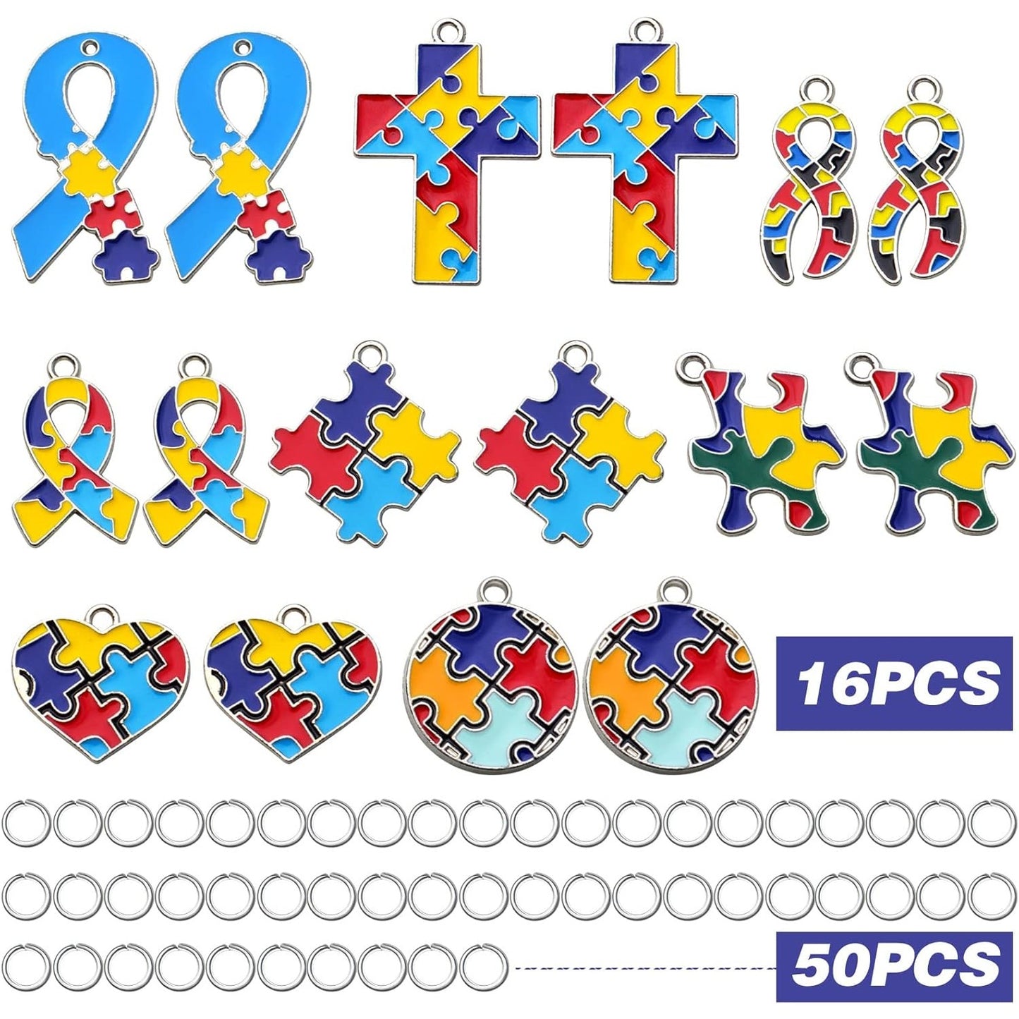 16pcs 8 Styles Autism Charms Mixed Jigsaw Puzzle Pendants Autistic Awareness Charms with 50pcs 5mm Open Jump Rings for DIY Crafts Necklace Bracelet Jewelry Making Supplies