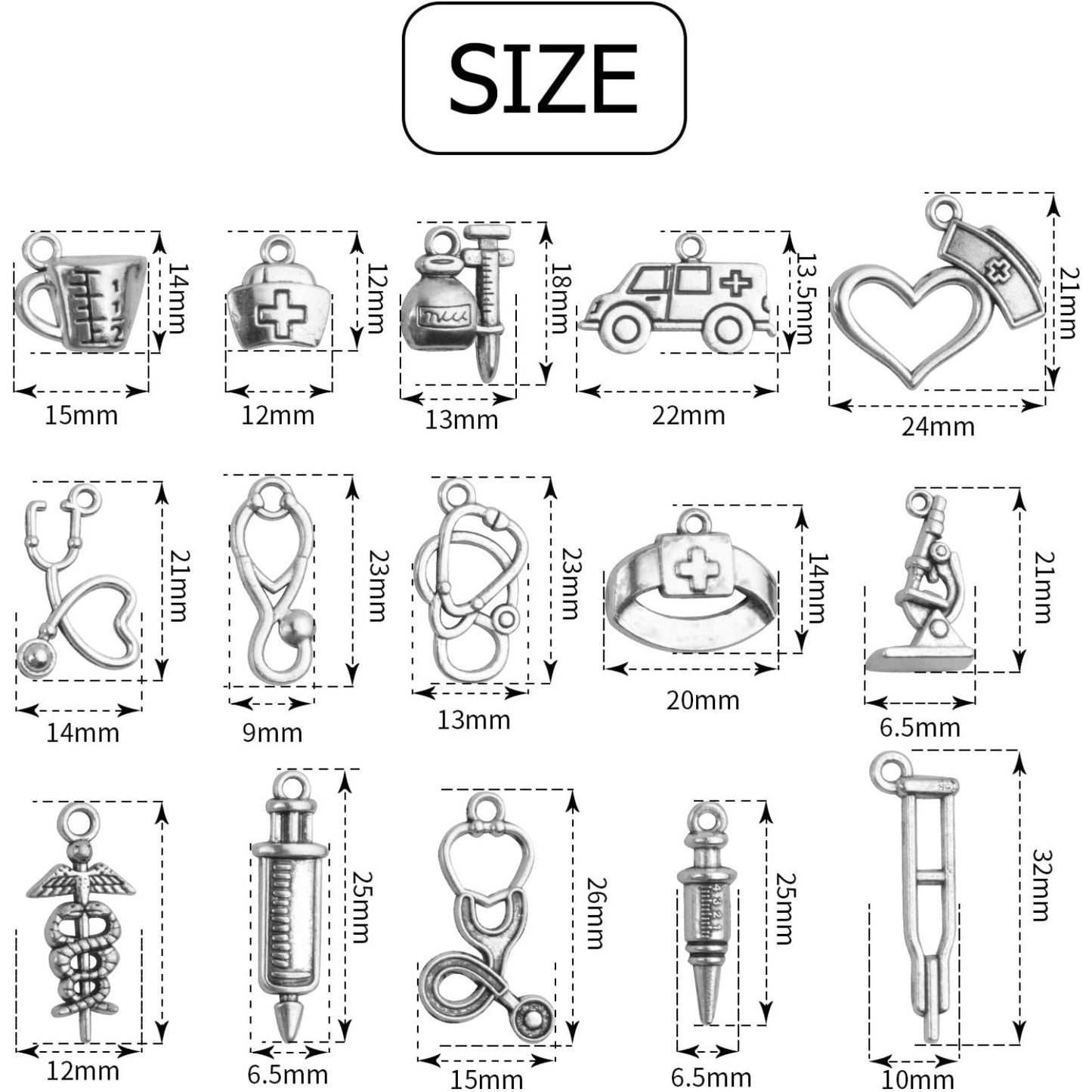 75pcs Antique Silver Medical Nurse Charms Stethoscope Ambulance Syringe Nurse Cap Hat Pendants Medical Theme Charms Craft Supplies for DIY Necklace Jewelry Making Accessory