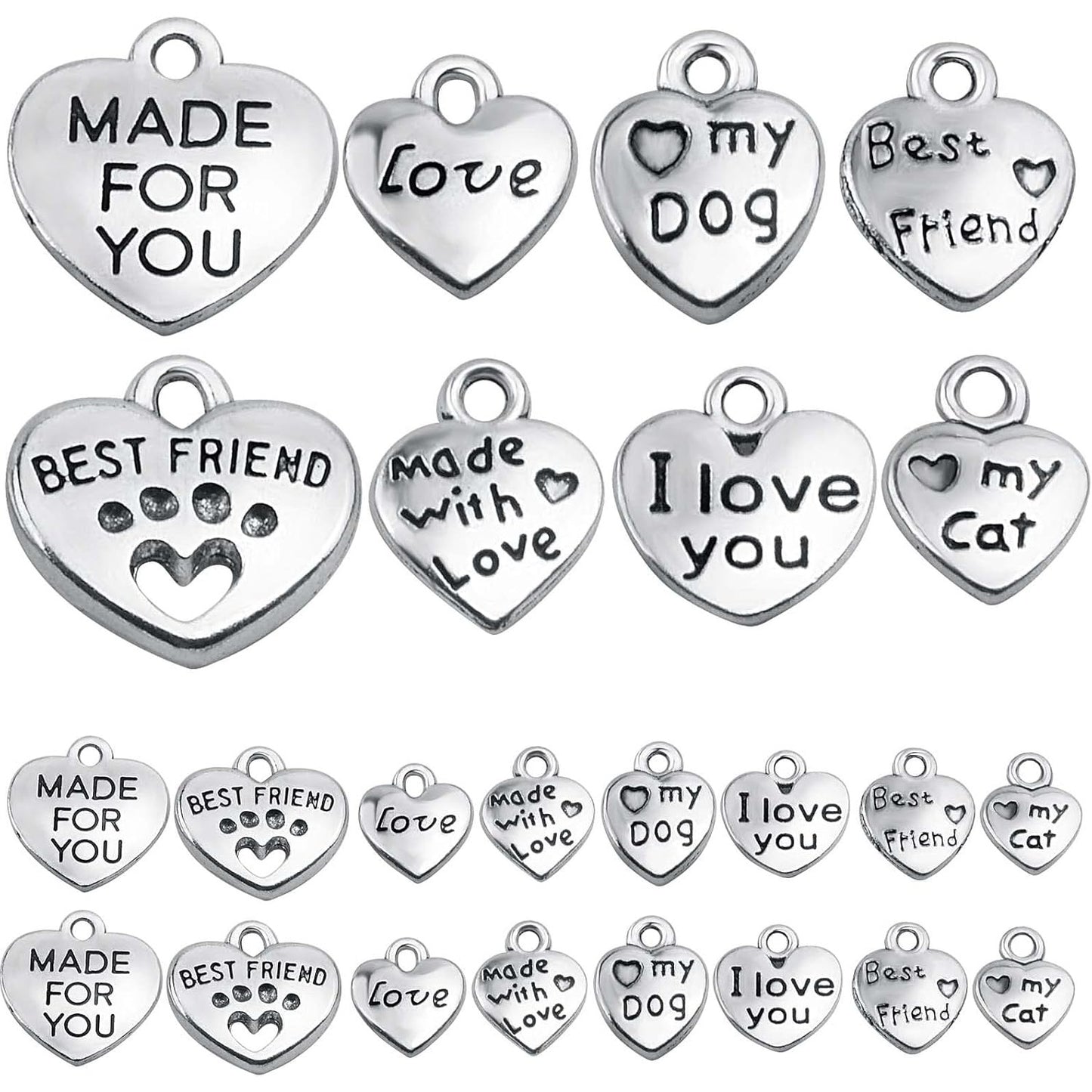 80pcs Mini Heart Shape Word Charms Alloy Engraved with Various Message Word Dangle Pendants with a Box for DIY Bracelet Necklace Jewelry Making Gift, Antique Silver