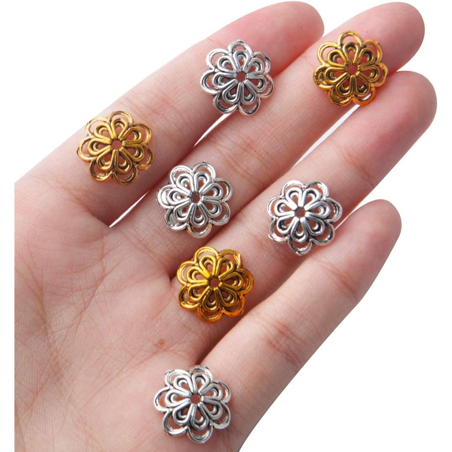 100pcs Flower Shape Alloy Filigree Hollow Bead End Caps, Jewelry Spacers Caps for Bracelet, Earrings, Crafts Making Supplies