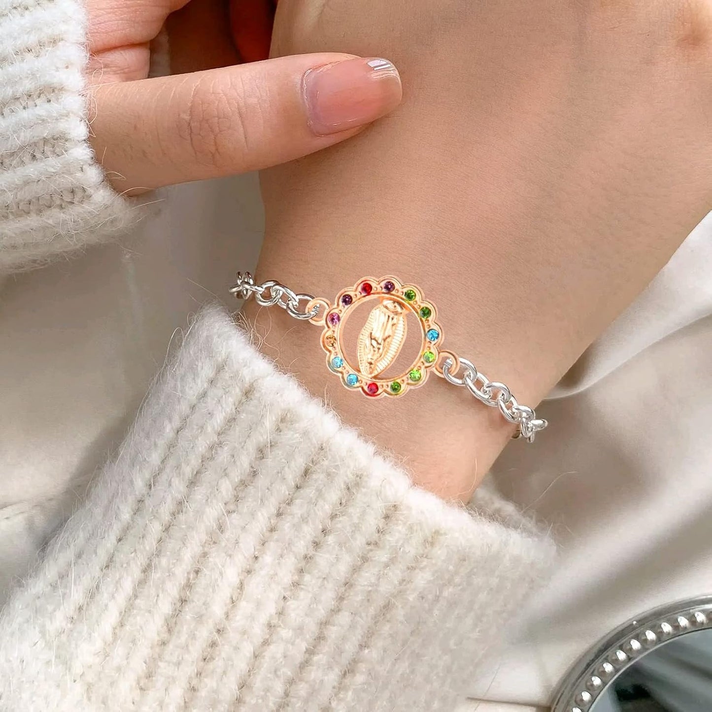 30pcs Alloy Enamel Colorful Rhinestones Virgin Mary Link Miraculous Medal Charms Our Lady Rosary Center Crucifix Bracelet Connector Pendants for DIY Jewelry Making Supplies