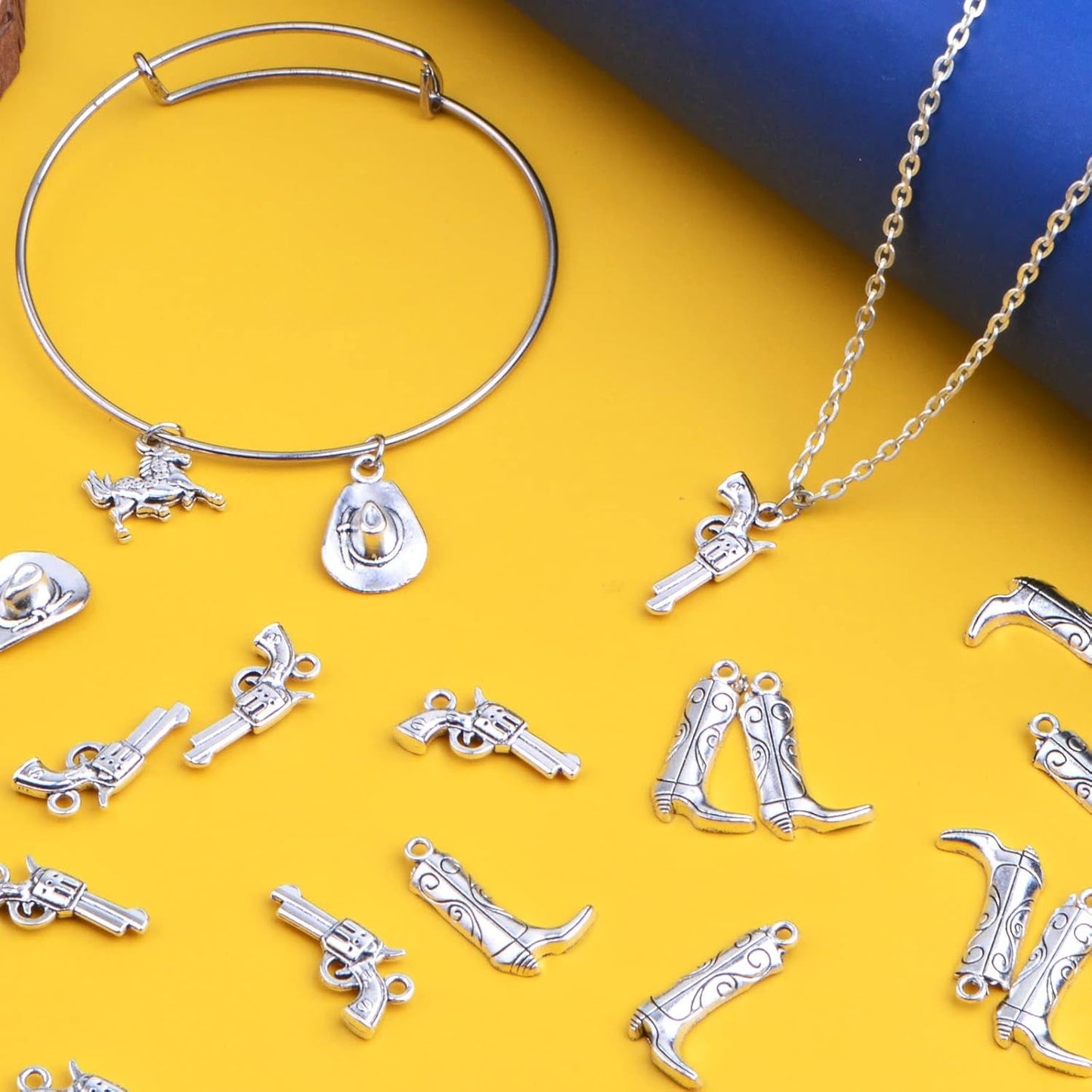 80pcs Antique Silver Western Cowboy Theme Charms Vintage Alloy Mixed Western Horse Boot Gun Pendants Charms for DIY Bracelet Necklace Earrings Jewelry Making, 4 Styles