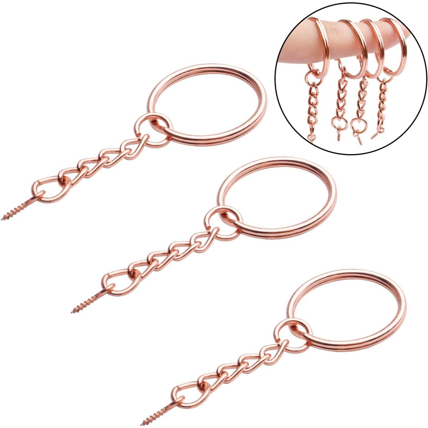 50pcs 25mm Split Key Ring with Extend Chain and 12mm Screw Eye Pin for Craft Charm Making,Rose Gold