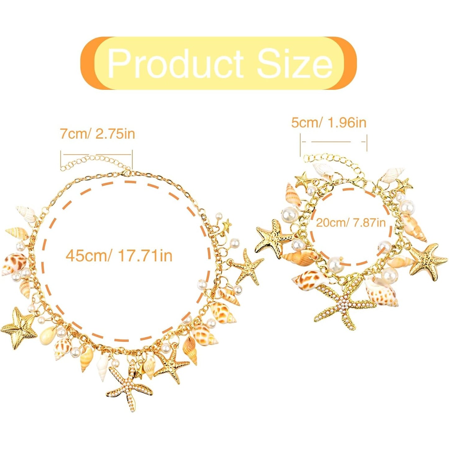 Shell Starfish Necklace Bracelet Faux Pearls Conch Statement Adjustable Chunky Necklace Mermaid Tail Bracelet Jewelry Set Costume Accessories for Women Beach-themed Party Cosplay