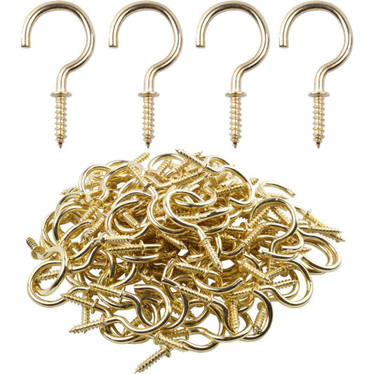 BronaGrand 100pcs Nickel Plated Metal Screw-in Ceiling Hooks Cup Hooks Gold 1inch