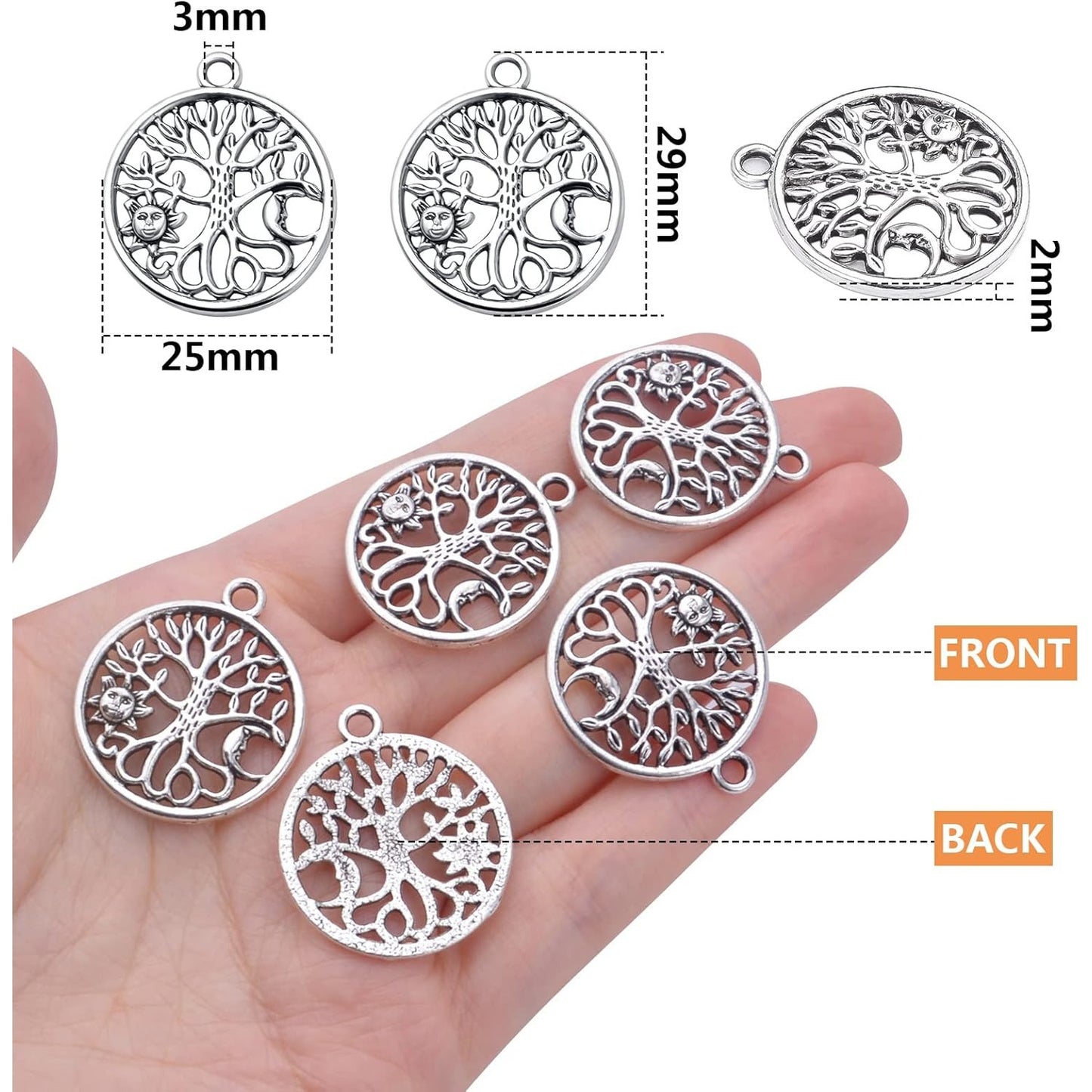 30pcs Antique Silver Tree of Life Charms Pendants with Sun Moon Tibetan Alloy Hollow Round Tree Vintage Charms Jewelry Making Accessory for DIY Necklaces Bracelets