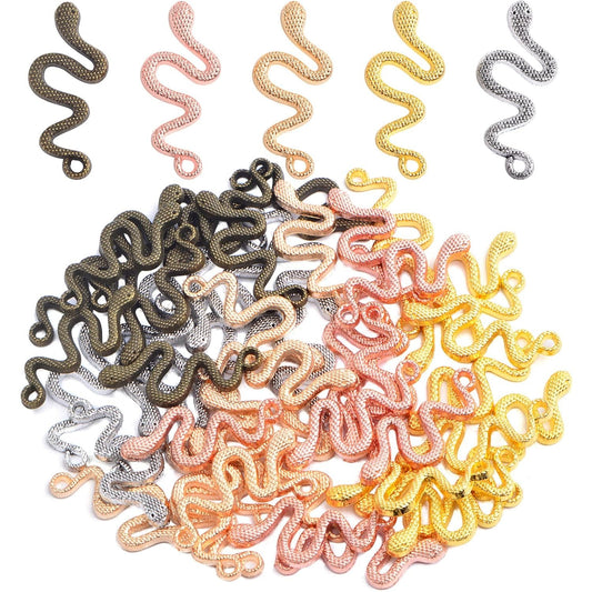50pcs 5 Colors Animal Snake Pendant Charms Vintage Alloy Snake Shaped Dangle Pendants Craft Supplies for DIY Necklace Bracelet Jewelry Making Decoration